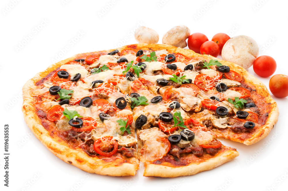 Pizza with ham, pepper and olives Pizza with ham, pepper and olives