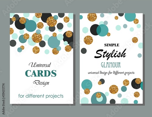 Collection of Universal Modern Stylish Cards Templates with Golden Geometrical Glitter Dots. Creative Wedding, Anniversary, Birthday, Valentines Day, Party Invitations, Business.