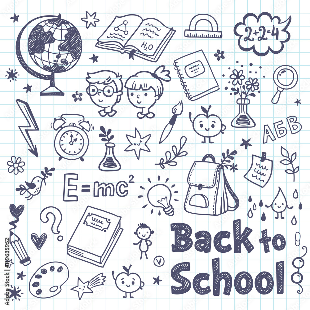 Back to School doodle set with cartoon school subjects. Back to School  Vector Illustration. Notebook doodles hand-drawn illustration design. Stock  Vector | Adobe Stock