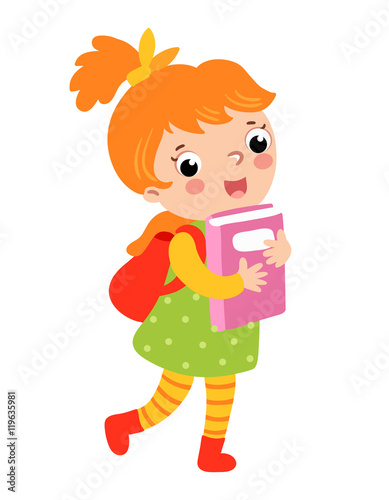 Cute girl go to school. Vector illustration of a girl on a white background. A schoolgirl walks to school.
