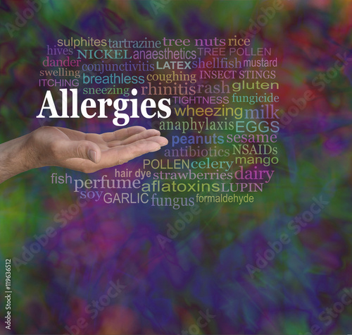 Allergies Word Cloud - male hand palm facing up with the word ALLERGIES floating above surrounded by a word cloud on a modern random multicolored background with copy space below