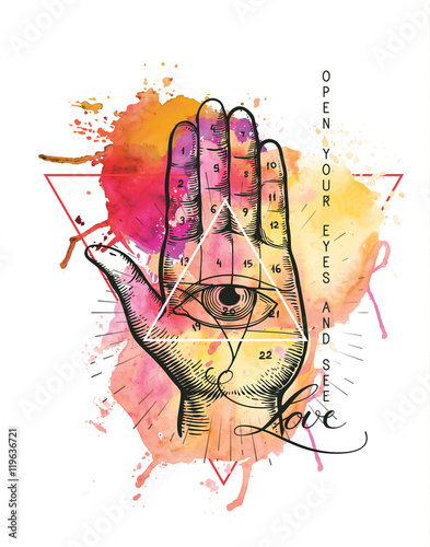 Hipster illustration with sacred geometry, hand, and all seeing eye symbol inside triangle pyramid. Masonic symbol. Watercolor background. Grunge Esoteric spiritual ethnic mascot. t-shirt design