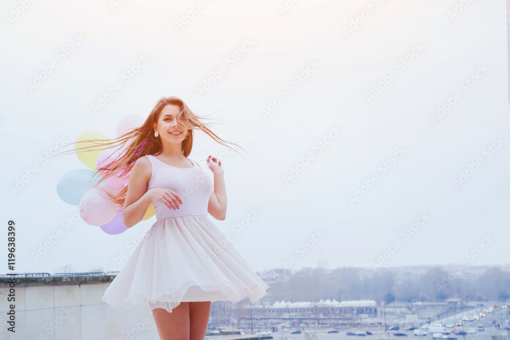 happy summer young girl with colorful balloons happy summer young girl with colorful balloons