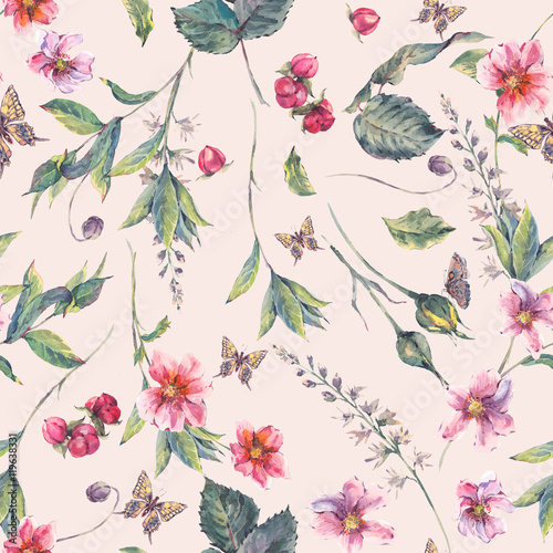 Watercolor seamless background with pink wildflowers