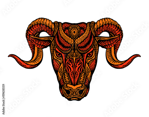 Ethnic ornamented horned sheep. Satan, lucifer, devil symbol. Vector illustration