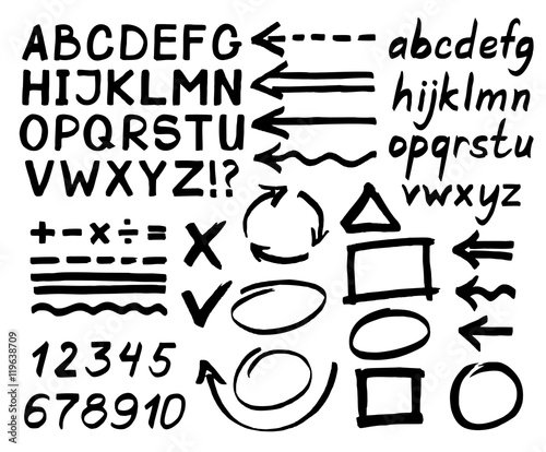 Letters, numbers, arrows, mathematical symbols, lines, written in black marker. Vector.