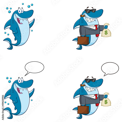 Blue Shark Cartoon Mascot Character 9. Collection Set Isolated On White Background photo