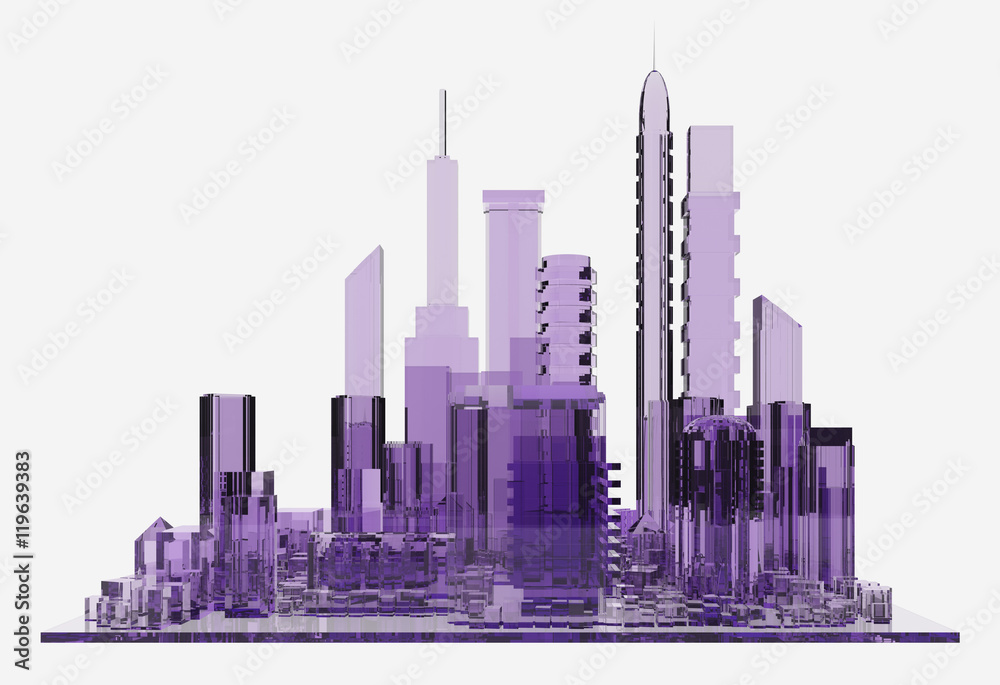 lilac glass city. 3d rendering