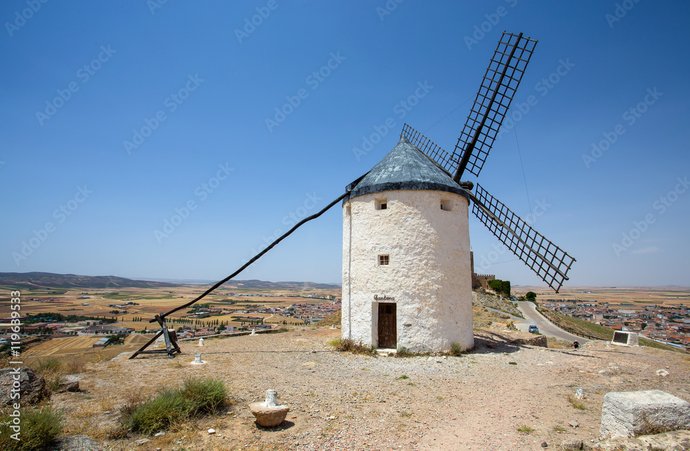 Windmill isolated in Campo de Criptana. La Mancha, Consuegra, Don Quixote route, Spain, Europe