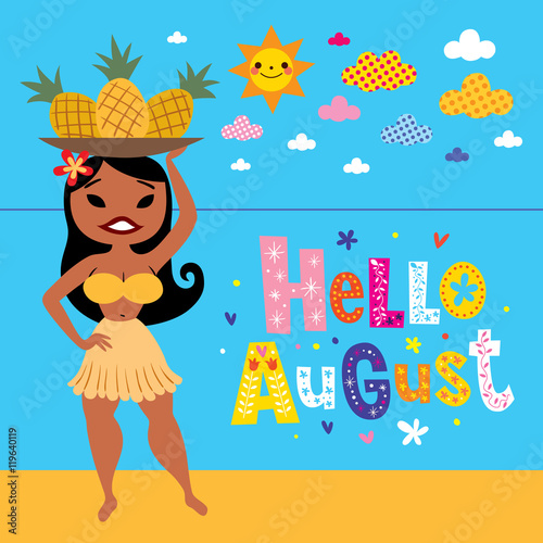 Hello August greeting card with pineapple hula girl on the beach