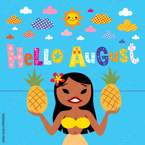 Hello August greeting card with beautiful hula girl