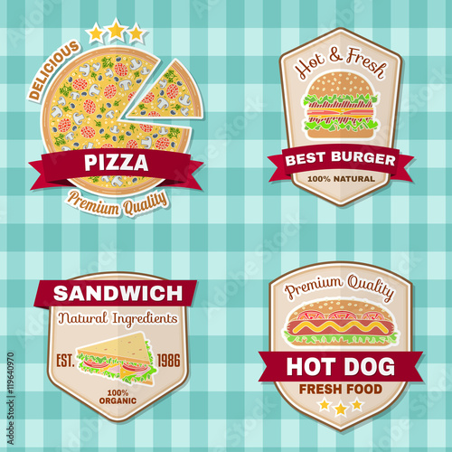 Set of vintage fast food badges, banners and logo emblems.
