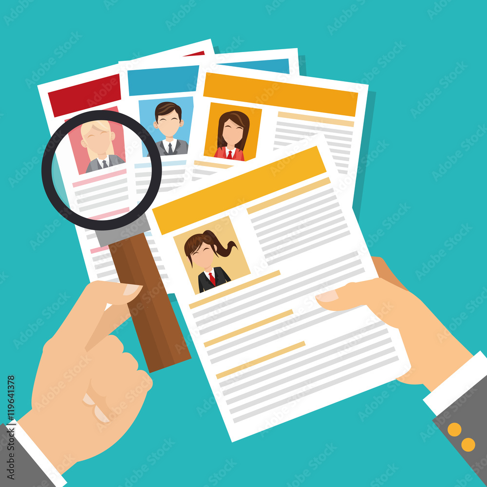 human resources document lupe man woman avatar search employee business icon. Colorful design blue background. Vector illustration