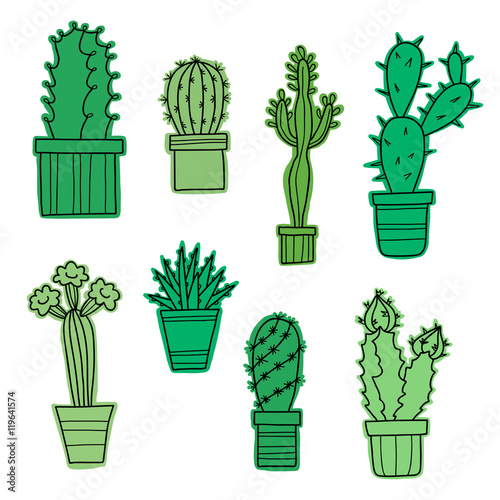 Vector lovely cartoon cacti and plants in pots, hand drawn flowe