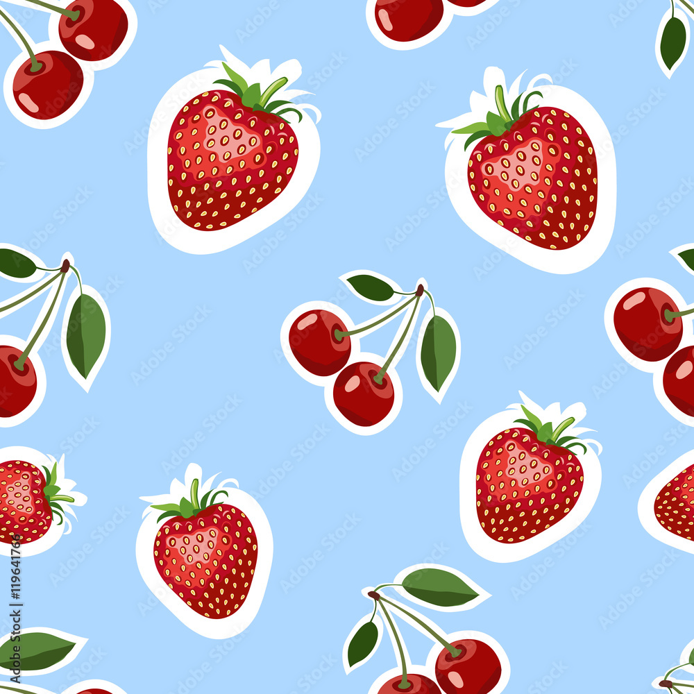 Pattern of realistic image of delicious strawberries and cherry different sizes. Blue background Pattern of realistic image of delicious strawberries and cherry different sizes. Blue background