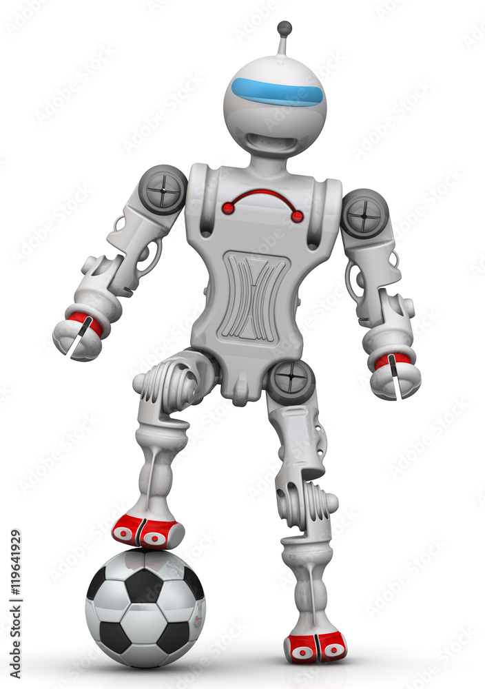 Robot footballer. Humanoid robot with a soccer ball. Isolated. 3D Illustration Robot footballer. Humanoid robot with a soccer ball. Isolated. 3D Illustration