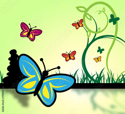 Field Of Butterflies Represents Grassland And Environment
