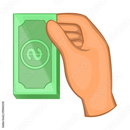 Hand holding dollar bills icon in cartoon style isolated on white background