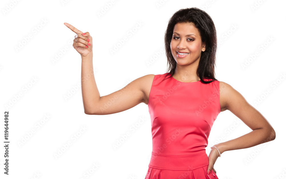 Pretty woman pointing at empty blank copy space. Pretty woman pointing at empty blank copy space.