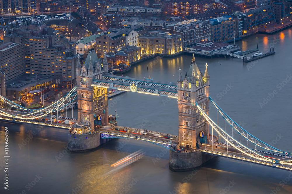 London, England - Aerial view of the world famous Tower Bridge by night
