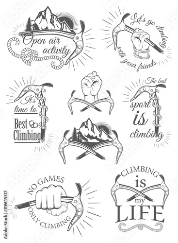 The set of symbols and logos for climbing and mountaineering. Co
