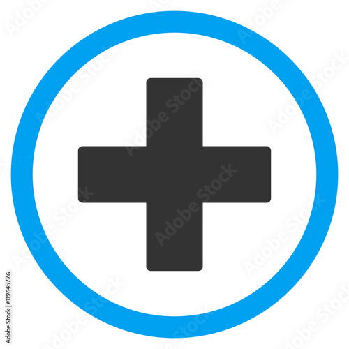 Plus vector bicolor rounded icon. Image style is a flat icon symbol inside a circle, blue and gray colors, white background.