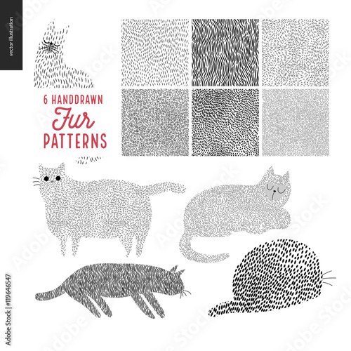 Handdrawn patterns with cats. Fur patterns with an usage example. Cats drawn with fur pattern sitting and standing in various poses.