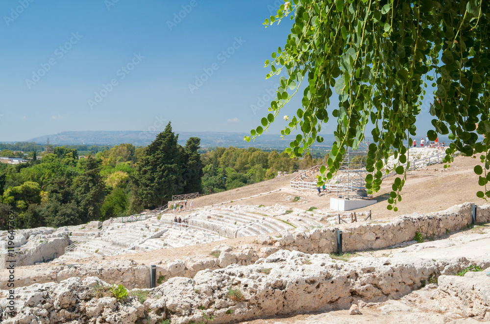 Section of the famous greek theater of Syracuse, Sicily, seen from the upper terrace with a caper plant in the foreground