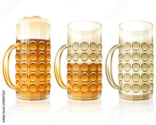 Beer glass in filled, half and empty variants; Traditional crockery of bars and of pubs; Vector set Eps10