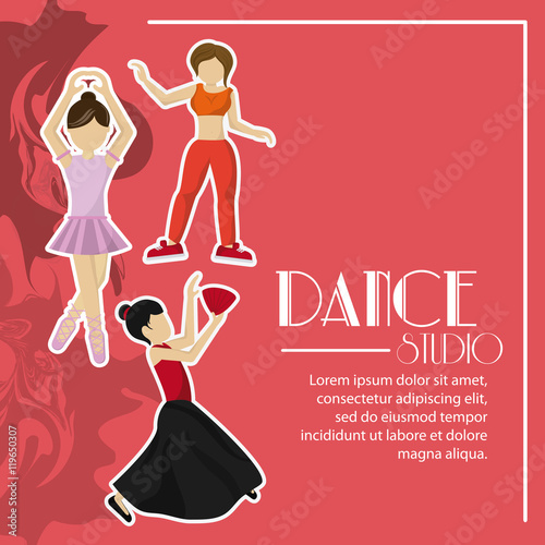 girl cartoon avatar dancer dance studio academy advertising icon. Colorful design. Splash background. Vector illustration