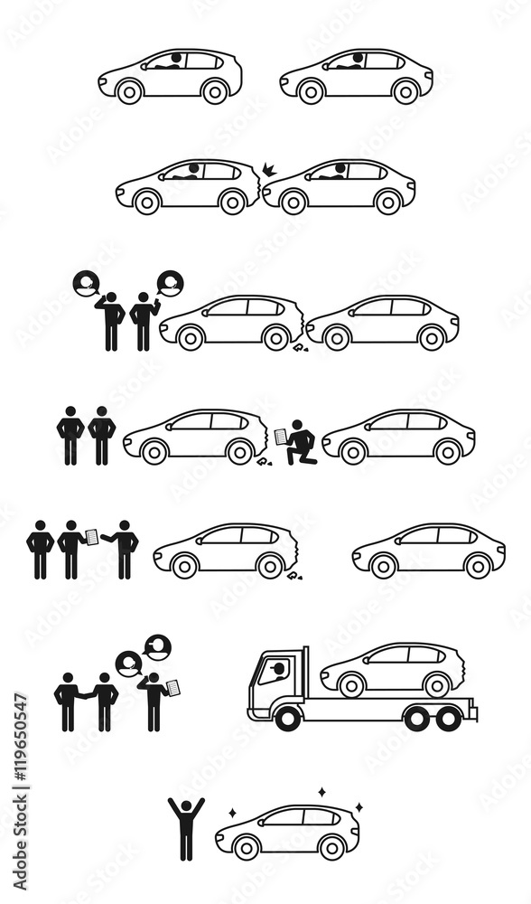 Car accident and insurance story icon set illustration pictogram black and white color isolated on white background