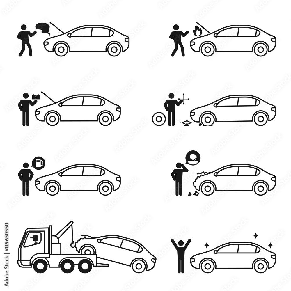 Car problem story icon set illustration pictogram black and white color ...