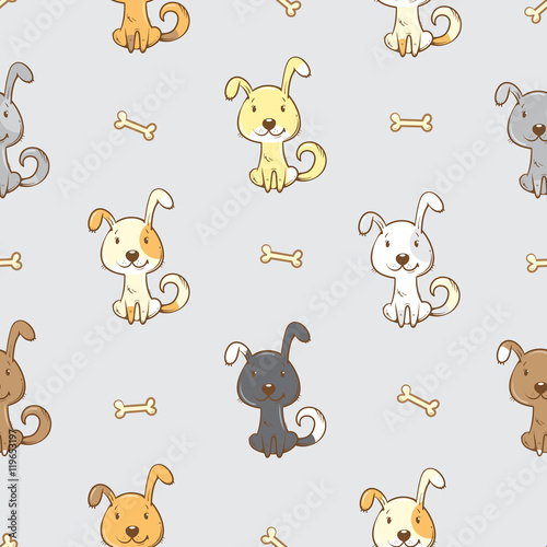 Fototapeta Naklejka Na Ścianę i Meble -  Seamless pattern with cute cartoon dogs  on  gray  background. Little puppies and bones. Children's illustration. Vector image. Funny animals.