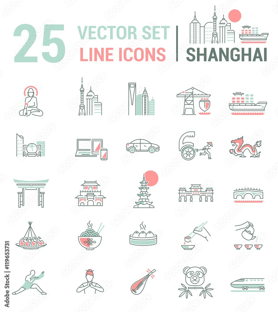 Fototapeta premium Set vector line icons in flat design with Shanghai
