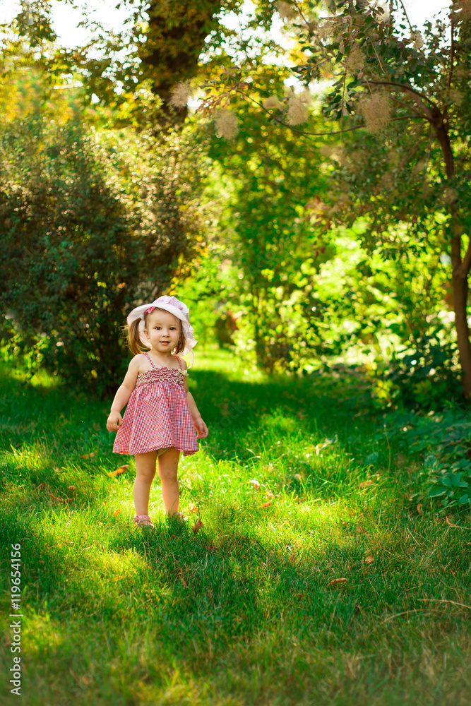 Smiling little girl in a meadow in the park.