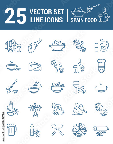 Set vector line icons in flat design with Spanish food elements