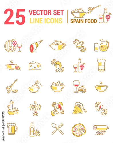 Set vector line icons in flat design with Spanish food elements