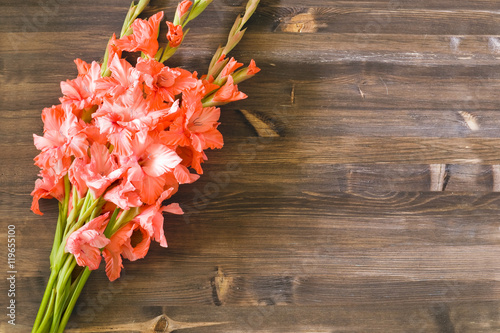 flowers red gladiolus on a wooden background, copy space