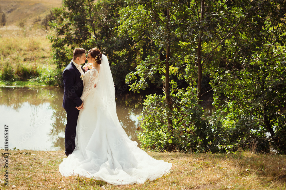 Groom and bride in luxurious dress kiss by the lake in the fores Groom and bride in luxurious dress kiss by the lake in the fores