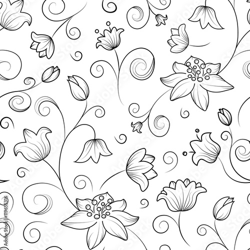 Fototapeta Naklejka Na Ścianę i Meble -  Seamless tulip and lily flower pattern. Black outline on white background.