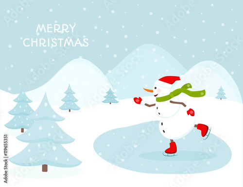 Snowman ice skating outdoors on a frozen lake. Hills trees snowfall landscape backdrop. Merry Christmas greeting card template.