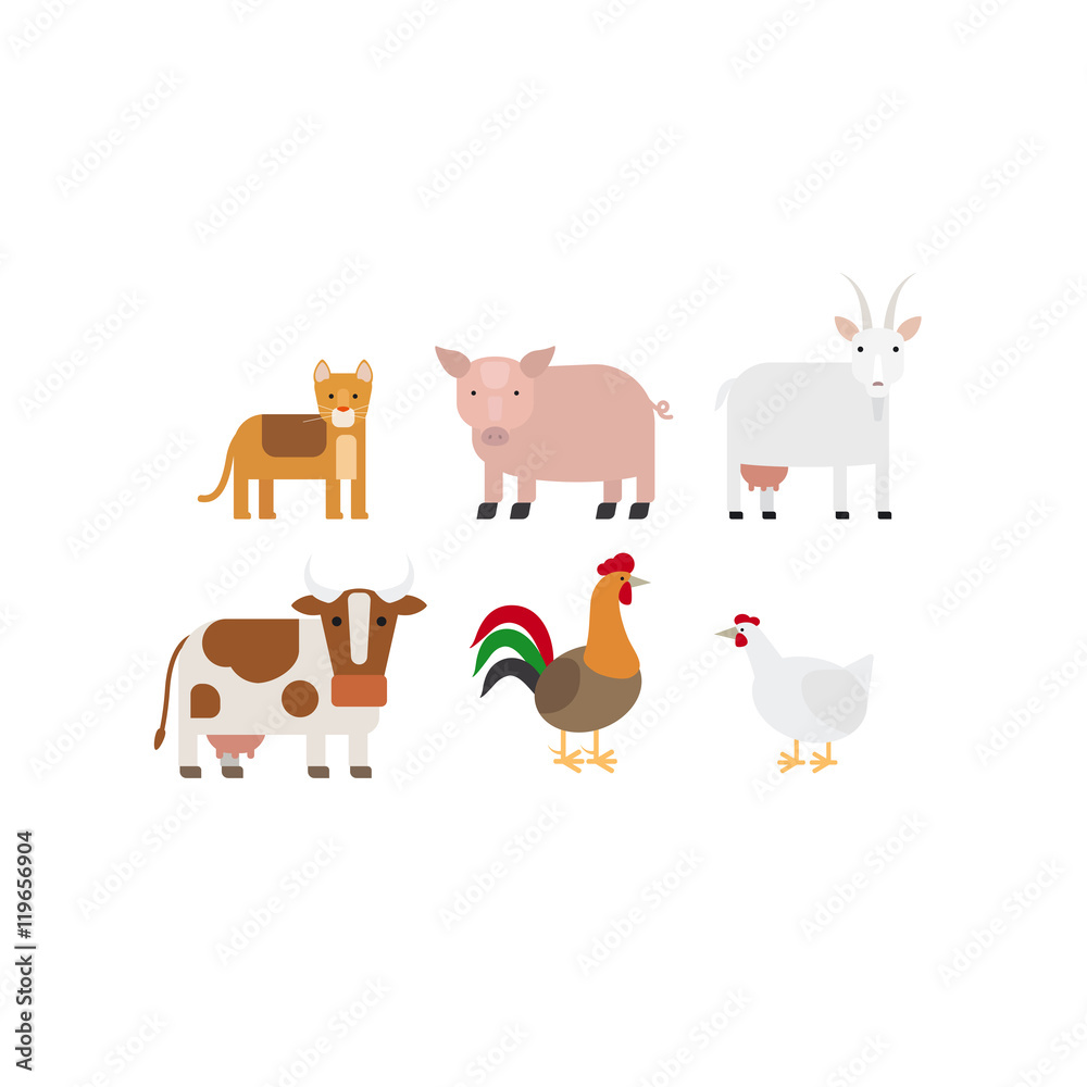 Different farm animals flat design icons set. Vector illustration