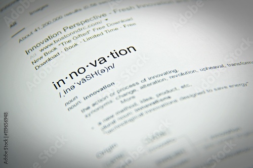 Photography Business concept : The word innovation, close up, selective focus