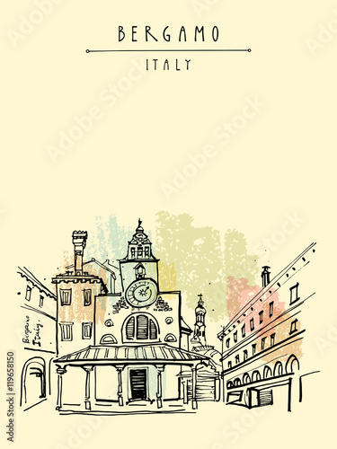 Bergamo, Italy, Europe. Historic old town. Italian Renaissance architecture. Travel sketchy artwork. Vintage hand-drawn postcard, touristic poster, calendar page or book illustration