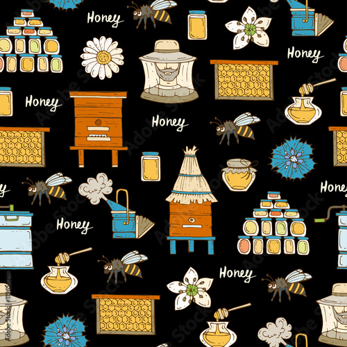 Vector seamless pattern with hand drawn colored symbols of beekeeping on black color