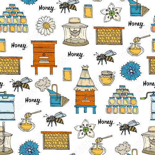 Vector seamless pattern with hand drawn colored symbols of beekeeping