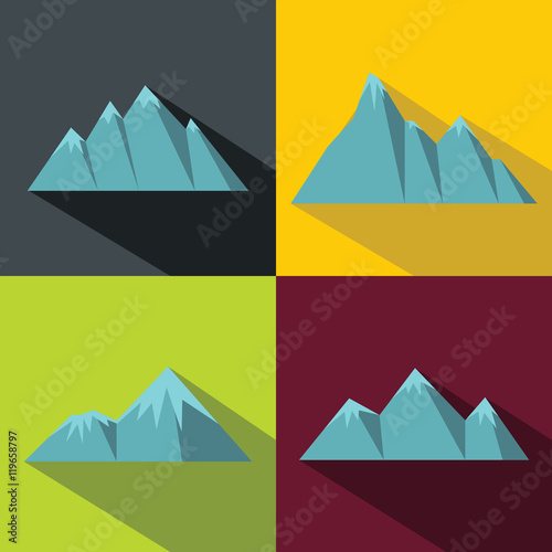 Mountain blue icons with long shadow on color background