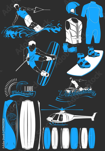 Set of emblems, logos, silhouettes and labels wakeboard and wake