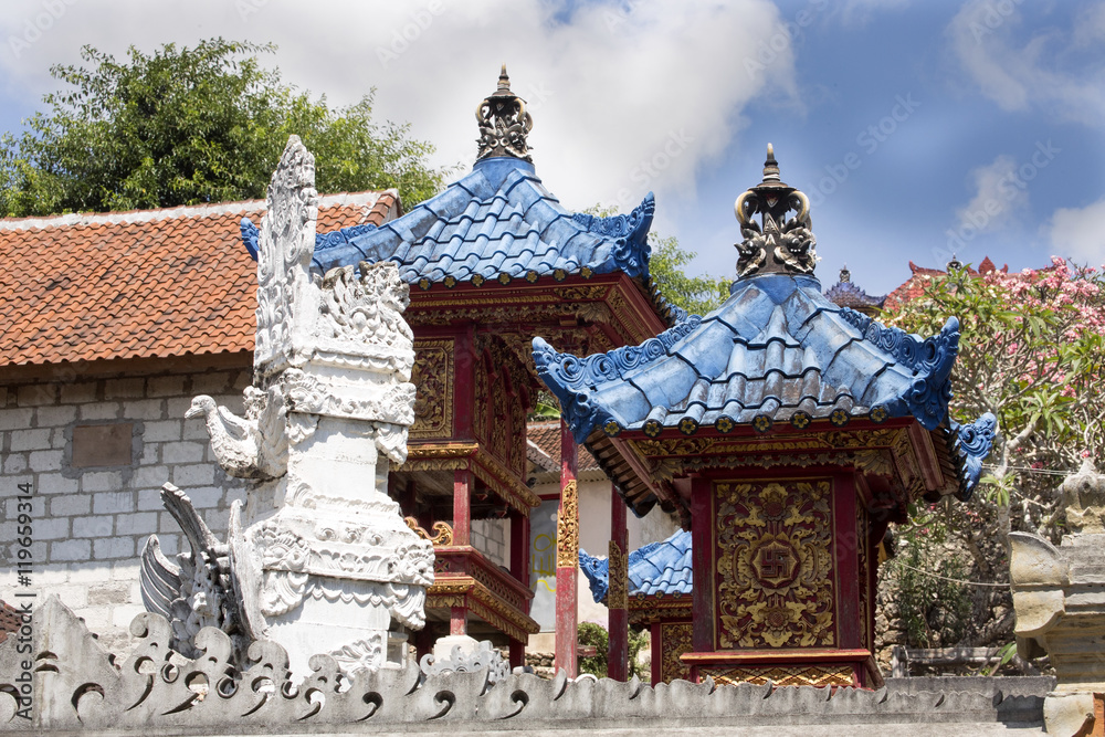 Fototapeta premium Blue roofs of houses good spirits, Nusa Penida, Indonesia