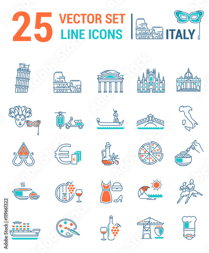 Photography A set of graphical linear and flat icons with symbols of Italy.